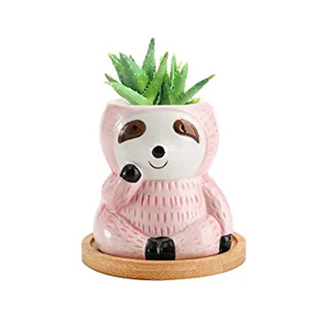 Dropshiping Sloth Planter With Bamboo Tray Indoor Outdoor Ceramic Animal Planters Pots Succulent Plant Pot for Air Plant