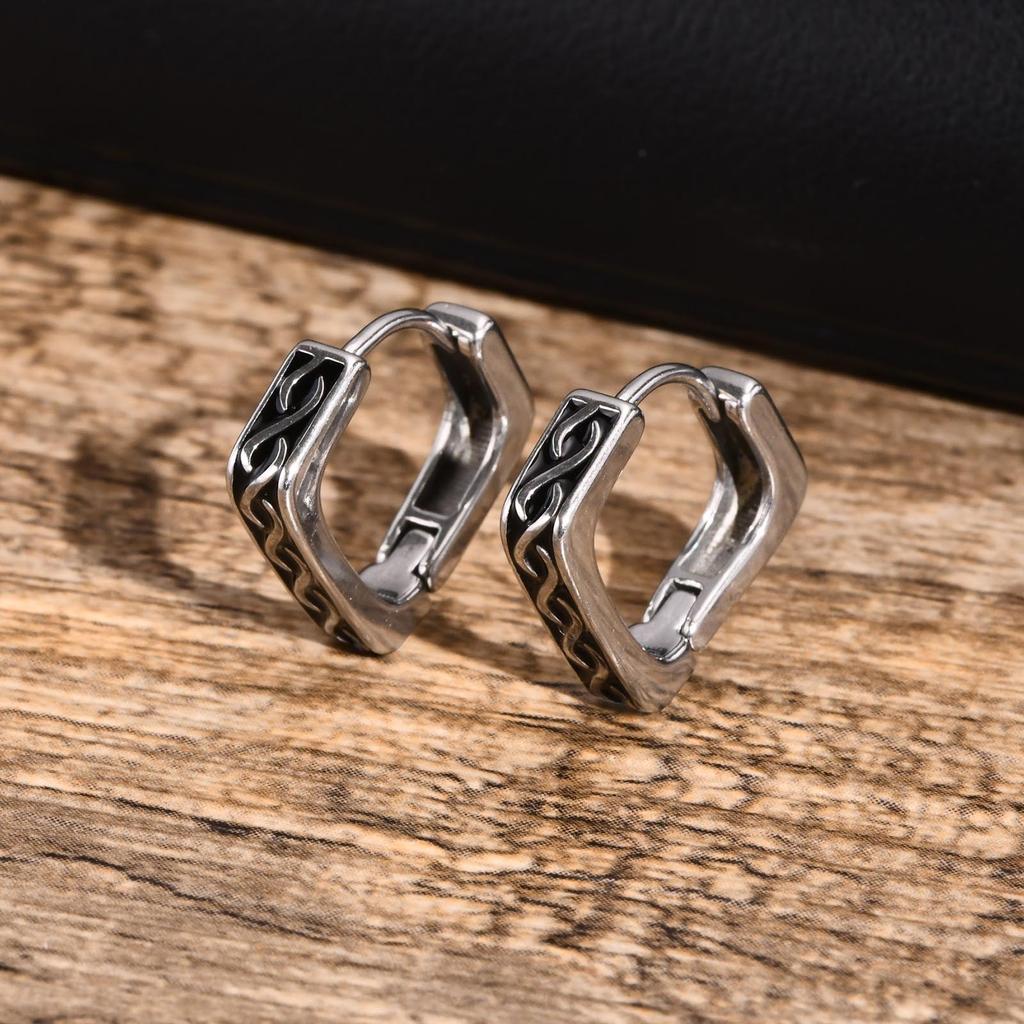 Elegantes Pendientes de Aro Geométricos para Hombre, Acero Inoxidable Impermeable Runas Vikingas Nórdicas Almut Triángulo Romboidal Huggies Joyería