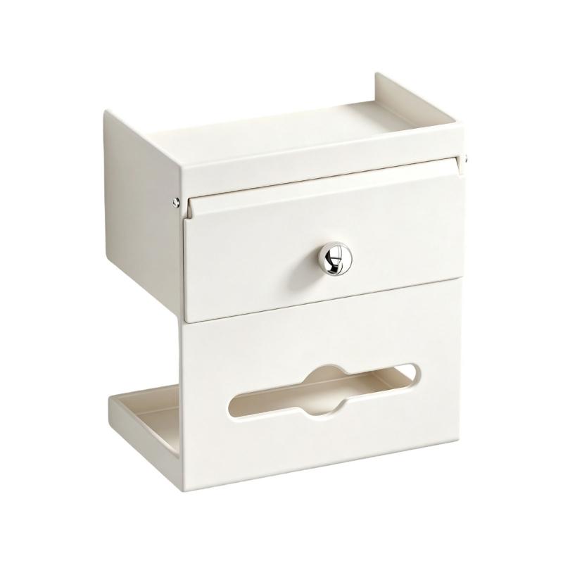 Adhesive Wall Mount Toilet Paper Storage Box with Covered Section and Upper Tray, Bathroom Tissue Case for Daily Use