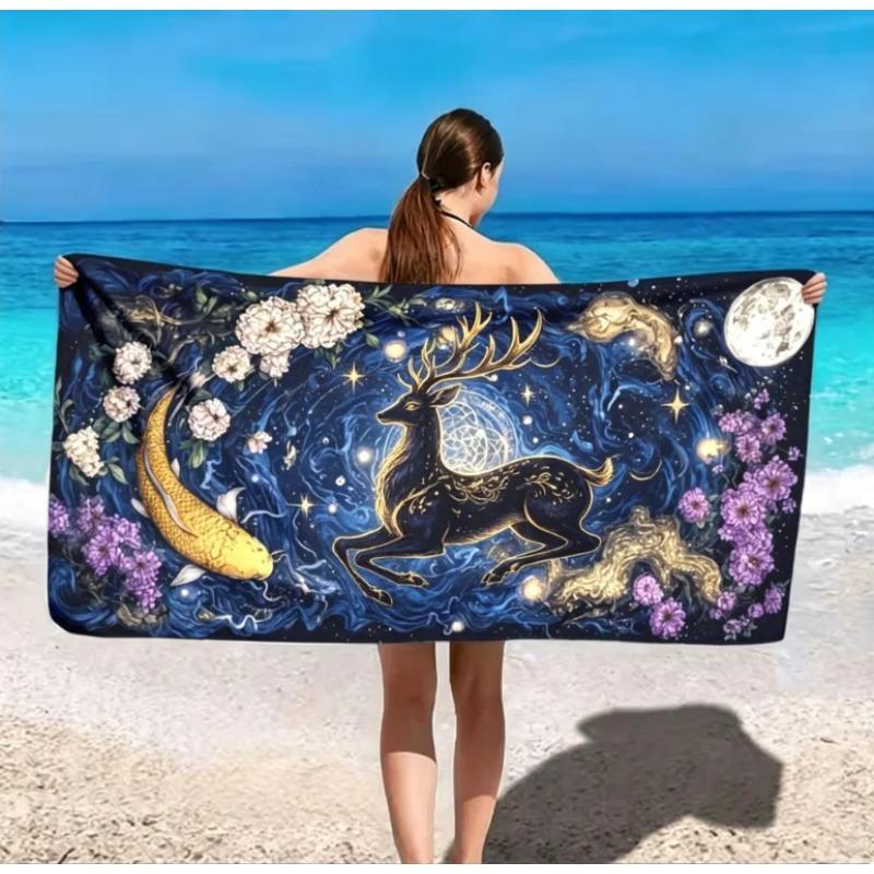 Celestial Golden Deer Beach Towel Mystical Moon Floral Deer Print Towel Soft Absorbent Quick-Dry Summer Towel for Vacation
