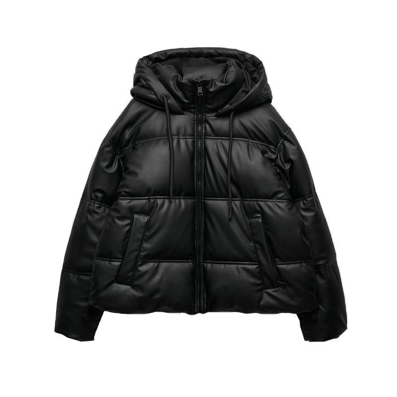 

Spring New Leather Cotton-Padded Jacket Small Thickened Warm Pu Imitation Leather Short down jacket Jacket 3046225 Black high. L