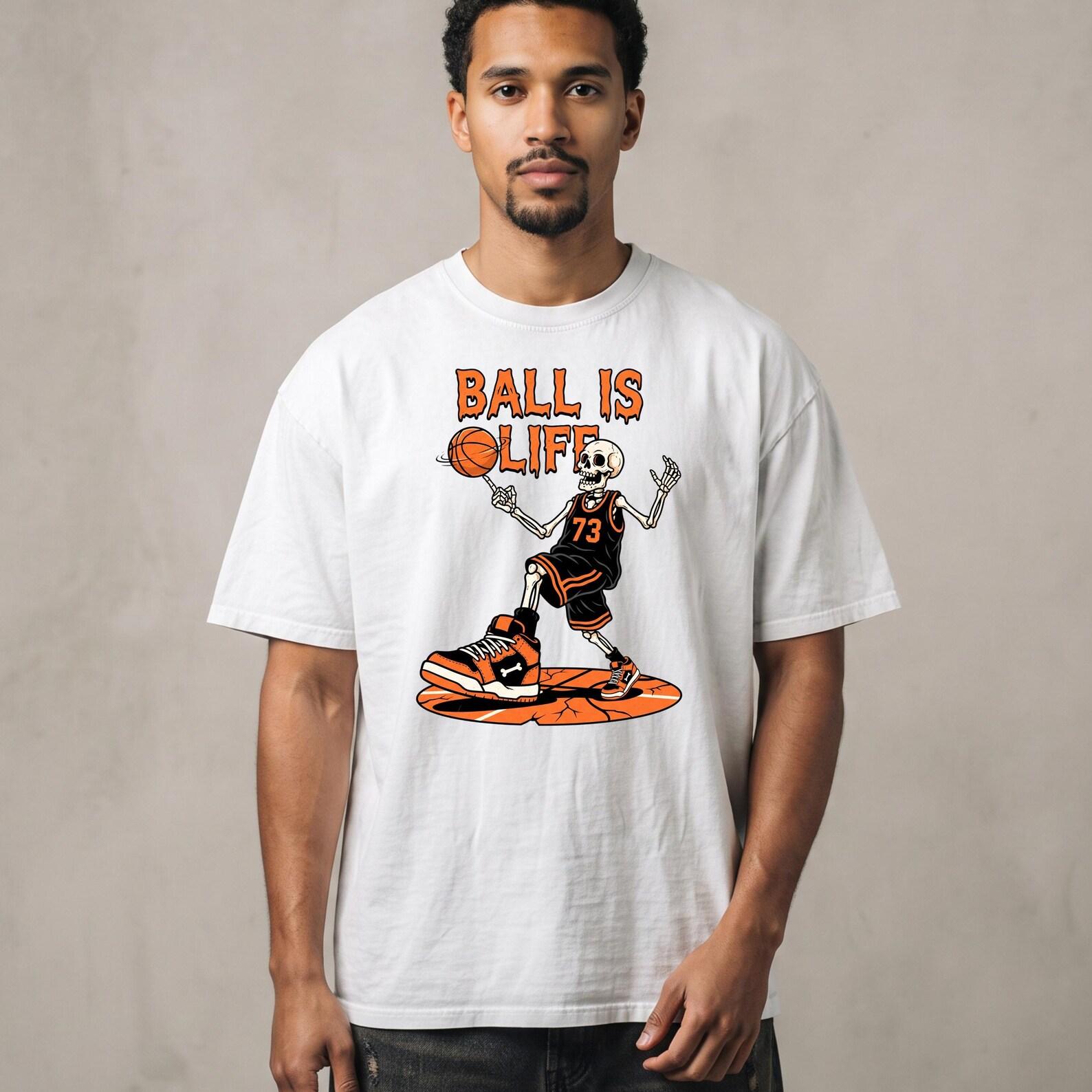 Ball Is Life Skeleton Sneaker Tee | Orange Black Hoops Streetwear Kids Gift M