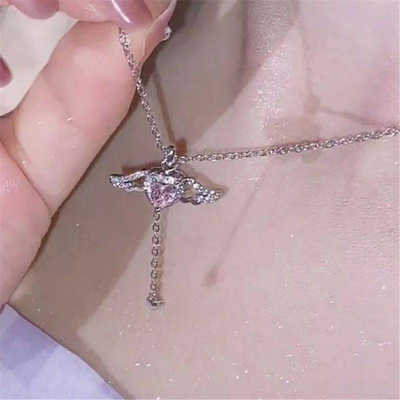 2pcs/set Zircon Heart Pendant Necklace Crystal Angel Wing Collarbone Chain for Women Girl Aesthetic Jewelry Long Chain