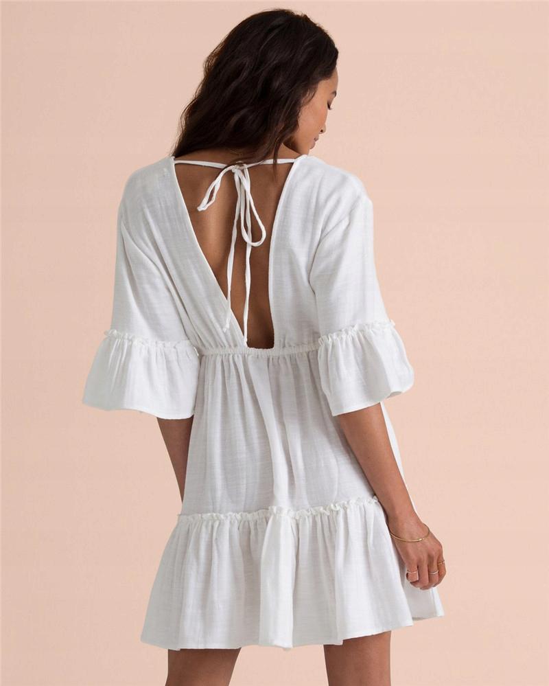 Airy Mini Summer Dress Pareo White 3/4 Sleeve Beach Boho Ruffle