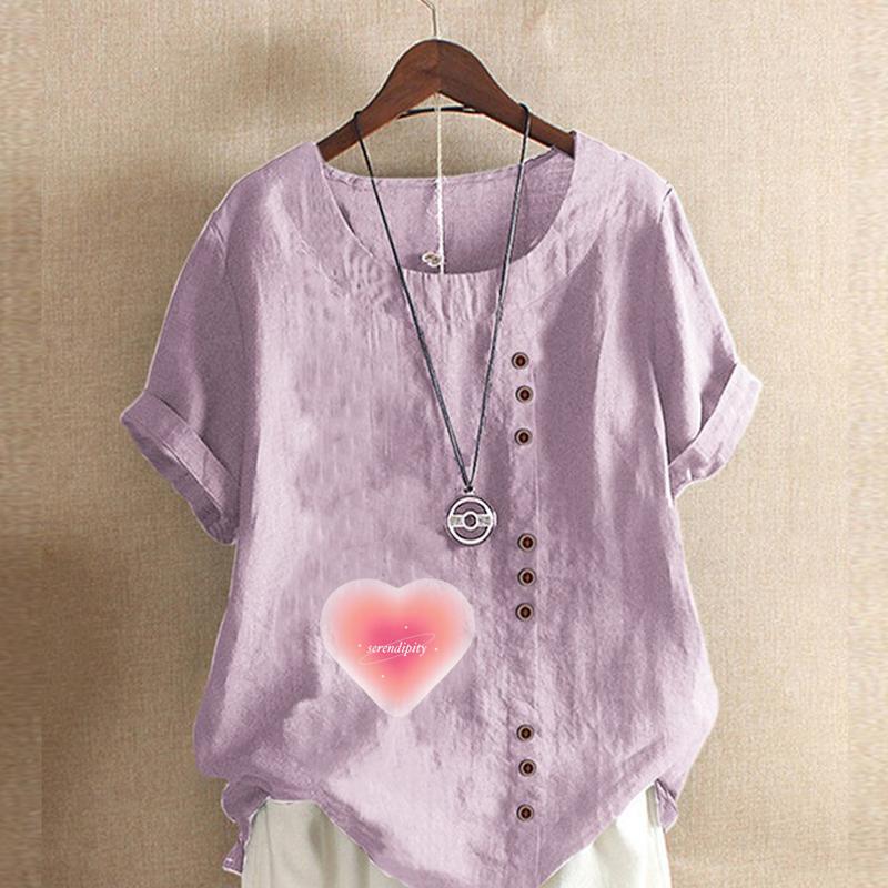 Women's Fashion Round Neck Short Sleeve T-shirt Casual Cotton Linen Graphic Shirt Leisure Loose Pink Love Prined Summer Blouse Tops