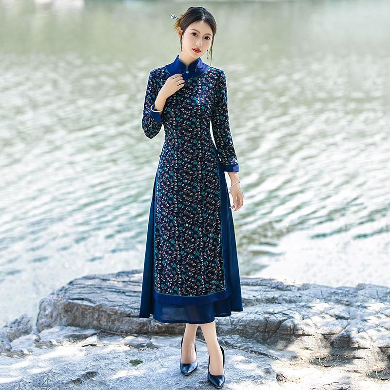 Womens Modern Chinese Style Long Sleeve Cheongsam Dress Vintage Elegant Midi Medium