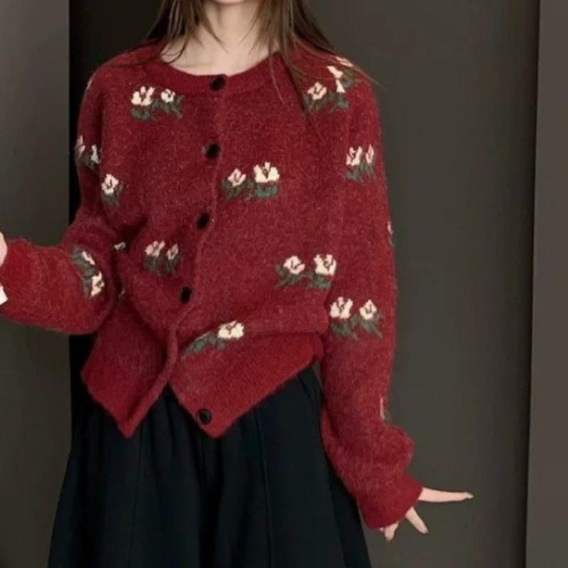 Blumendekoration Damenpullover Rundhalsausschnitt Einfarbig Langärmelig Cardigan Französischer Stil Herbst Neue Version Süßes Damenoberteil