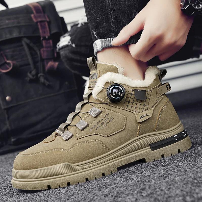 Módní zimní pánské boty s kožešinou Pohodlné pracovní boty Pánské teplé kožené boty Ručně vyráběné Vodotěsné kotníkové boty Protiskluzové boty s vysokým svrškem