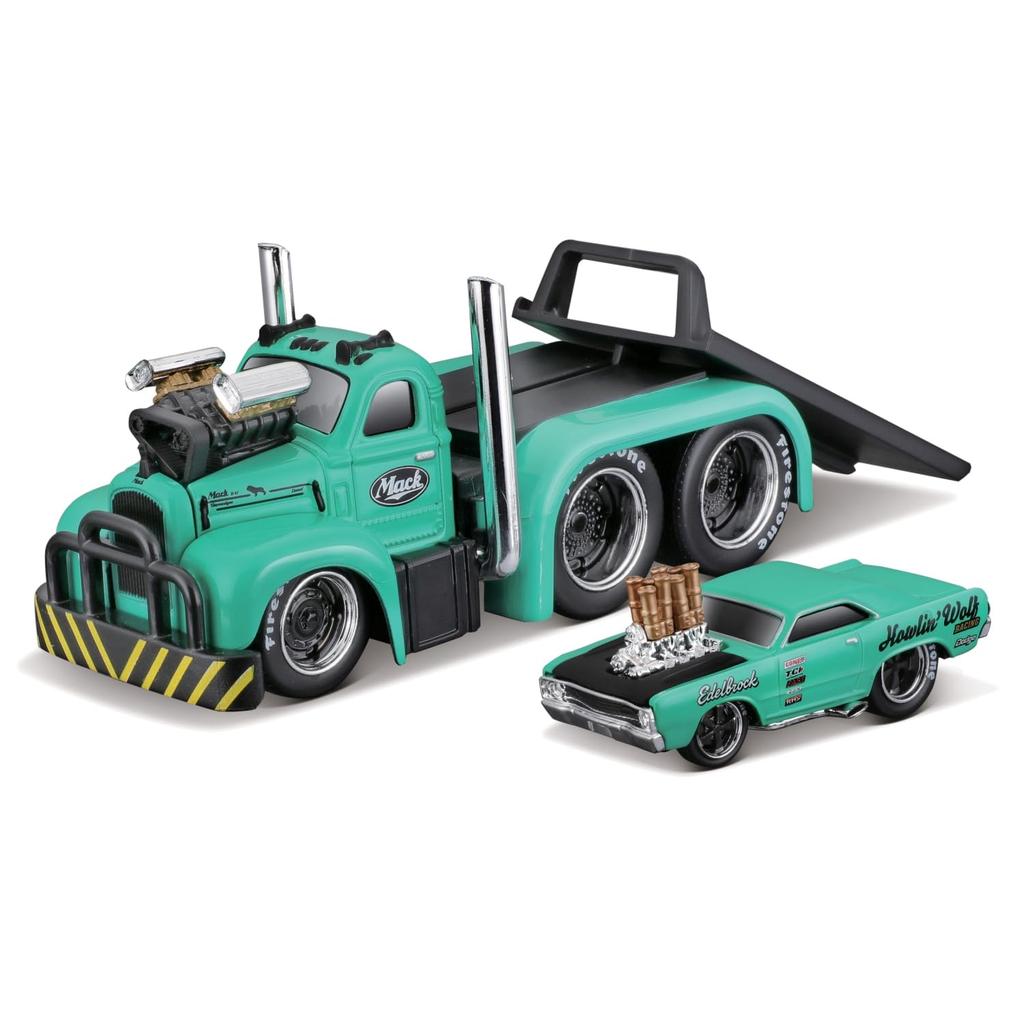 Maisto 1/64 Scale Muscle Machines Muscle Transporter Diecast Model Car (1953 MACK B-61 Flatbed / 1968 Dodge Dart HEMI Gasser - Green 11542)