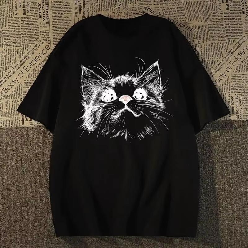 2025 Summer Cotton Casual Womens Tshirt Cute Cat Smile Print Tshirt Loose Large Size Popular Street Y2K Short Sleeve Girls