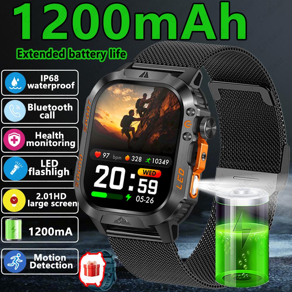New Outdoor Sports SmartWatch Compass Sleep Monitoring LED Flashlight Heart Rate Blood Oxygen Bluetooth Call Smart Watch Men