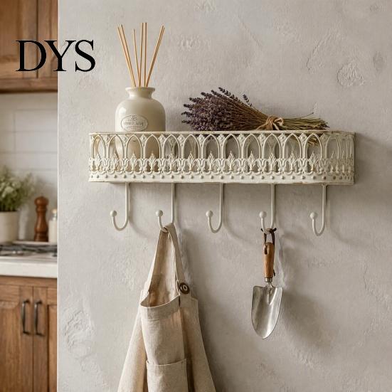 French Country Wall Shelf Mounted Floating Shelves, Metal with 5 Hooks, Key Holder Rustic Plant Stand Mail Organizer, Storage Rack for Entryway Living
