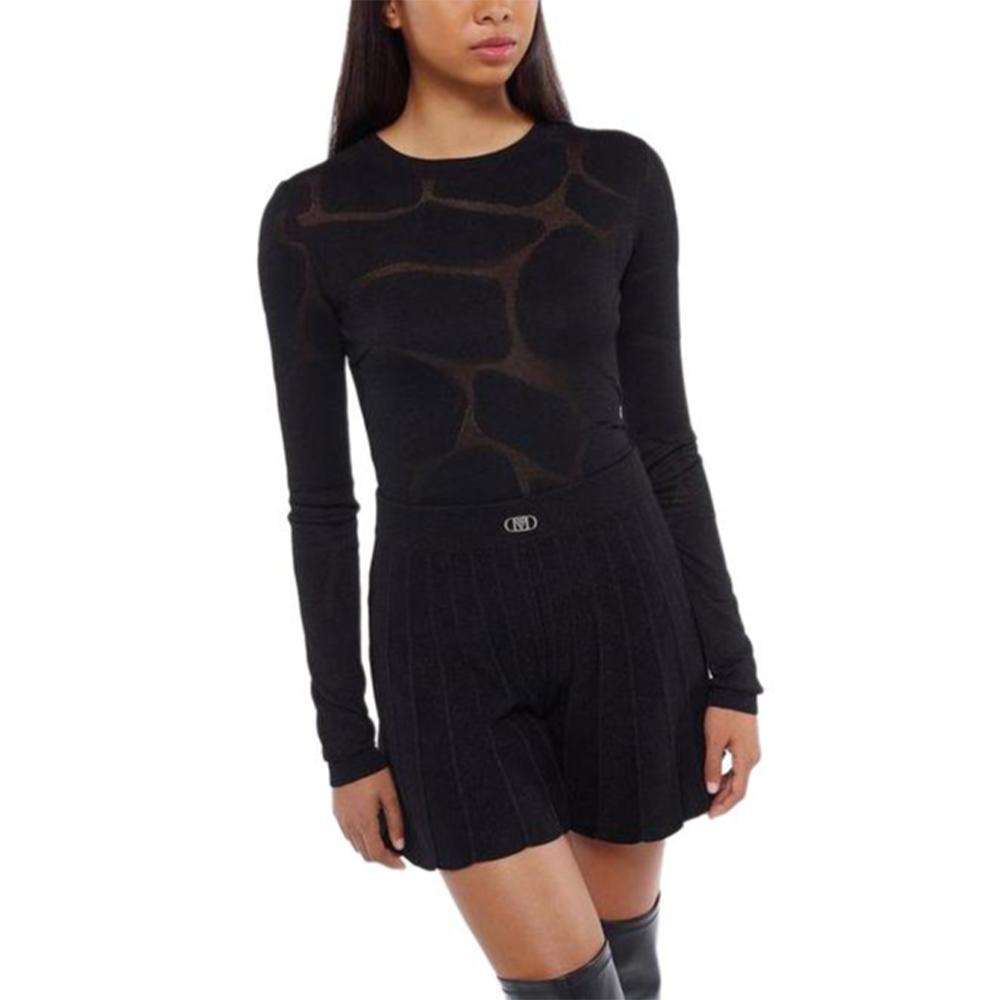 MCM SS23 Semi-Transparent Detail Round Neck Pullover Knit Sweater Women Sweater Black MFNDSMM02BK00L