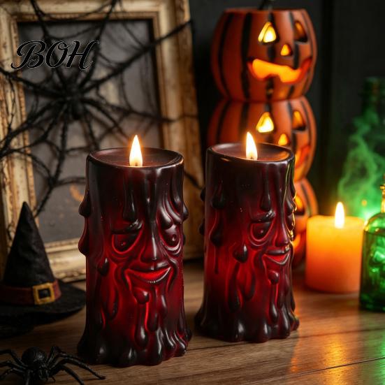 Plastic Halloween Figurine Flameless LED Candle, Spooky Face Tree Stump Pillar Atmospheric Festival Decoration Wax Drip Flickering Fake Candle