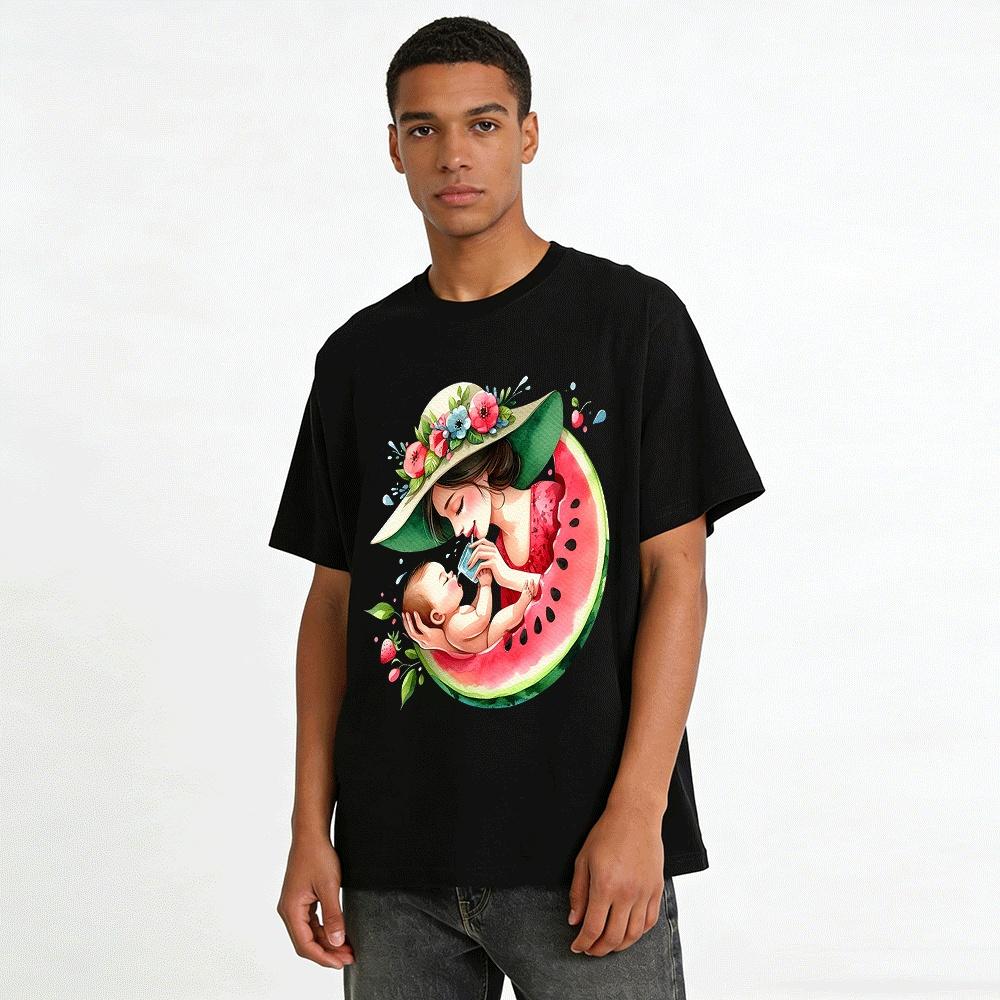 Summer Parent-Child Warm Watermelon Print Adult T-Shirt Pure Cotton T-shirt