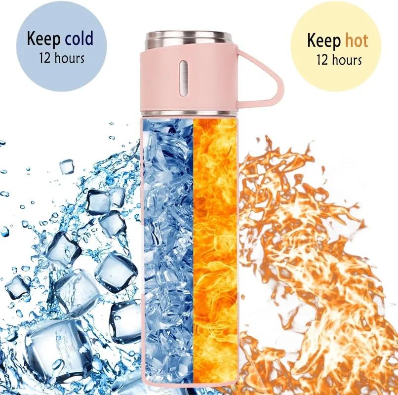 500ML 3-Tassen-Deckel Outdoor Heißwasser Thermoisolierung Neue Edelstahl-Vakuumflasche Geschenkset Thermoskanne Business-Stil