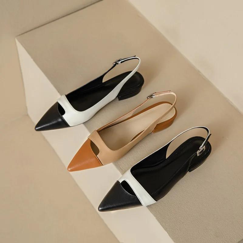 Baotou French Style Single Shoe Women's Summer New Retro Color Blocked Sandals Fashionable Pointed Low Heel Flat Shoes