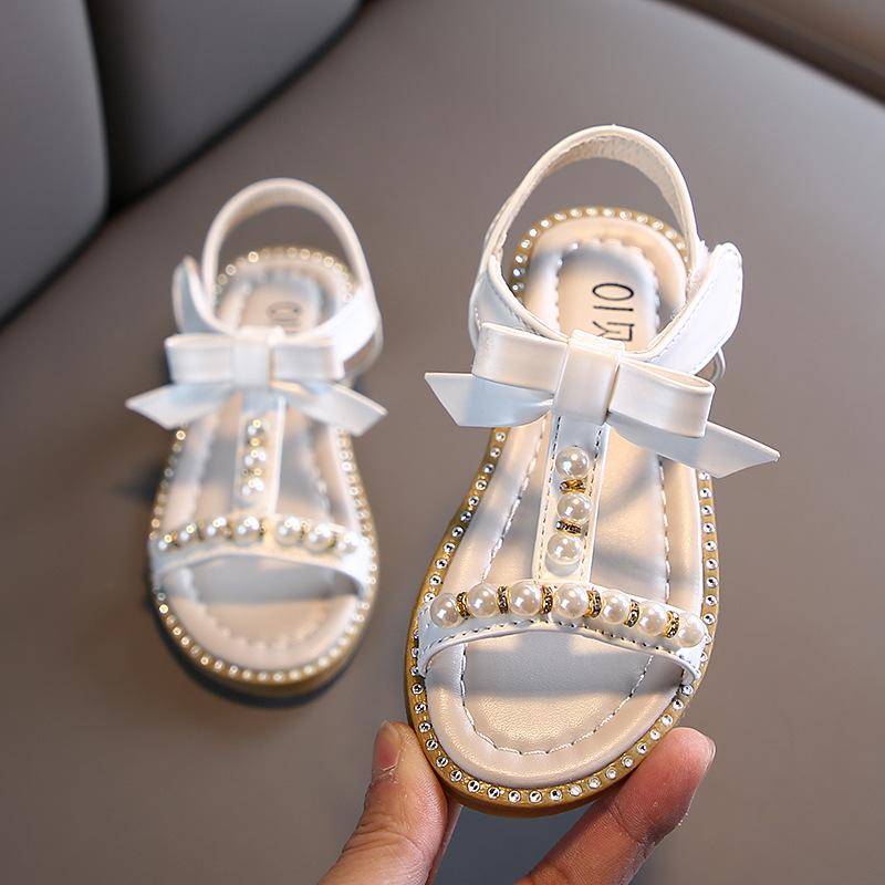 Girls Sandals Kids Summer Roman legant Pearl Rhinestone Party Princess Shoe Flats Non-slip Casual Girl Beach Sandal