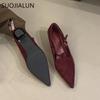 Fashion SUOJIALUN New Brand Women Pumps Shoes Fashion Pointed Toe Ladies Elegant Mary Jane Shoes Thin Med Heel Outdoor Dress Boat Shoes
