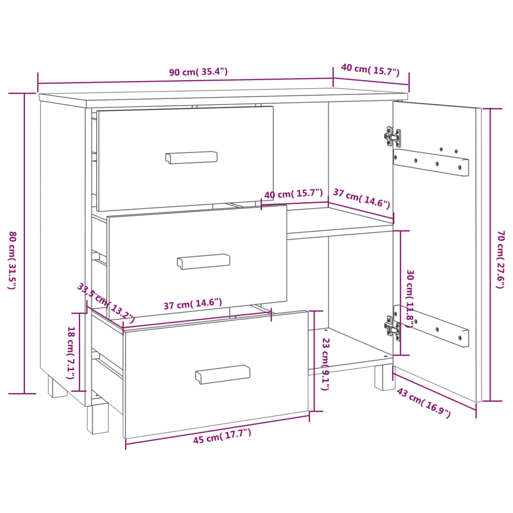 Hamar Sideboard White 90 X 40 X 80 Cm Solid Pine Wood