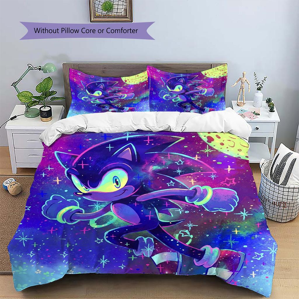 Hedgehog Sonic Pattern Bedding Quilt Set Quilt Cover Pillowcase Home Decoration Birthday Gift (1 * duvet cover + 2 * pillowcase, without core)
