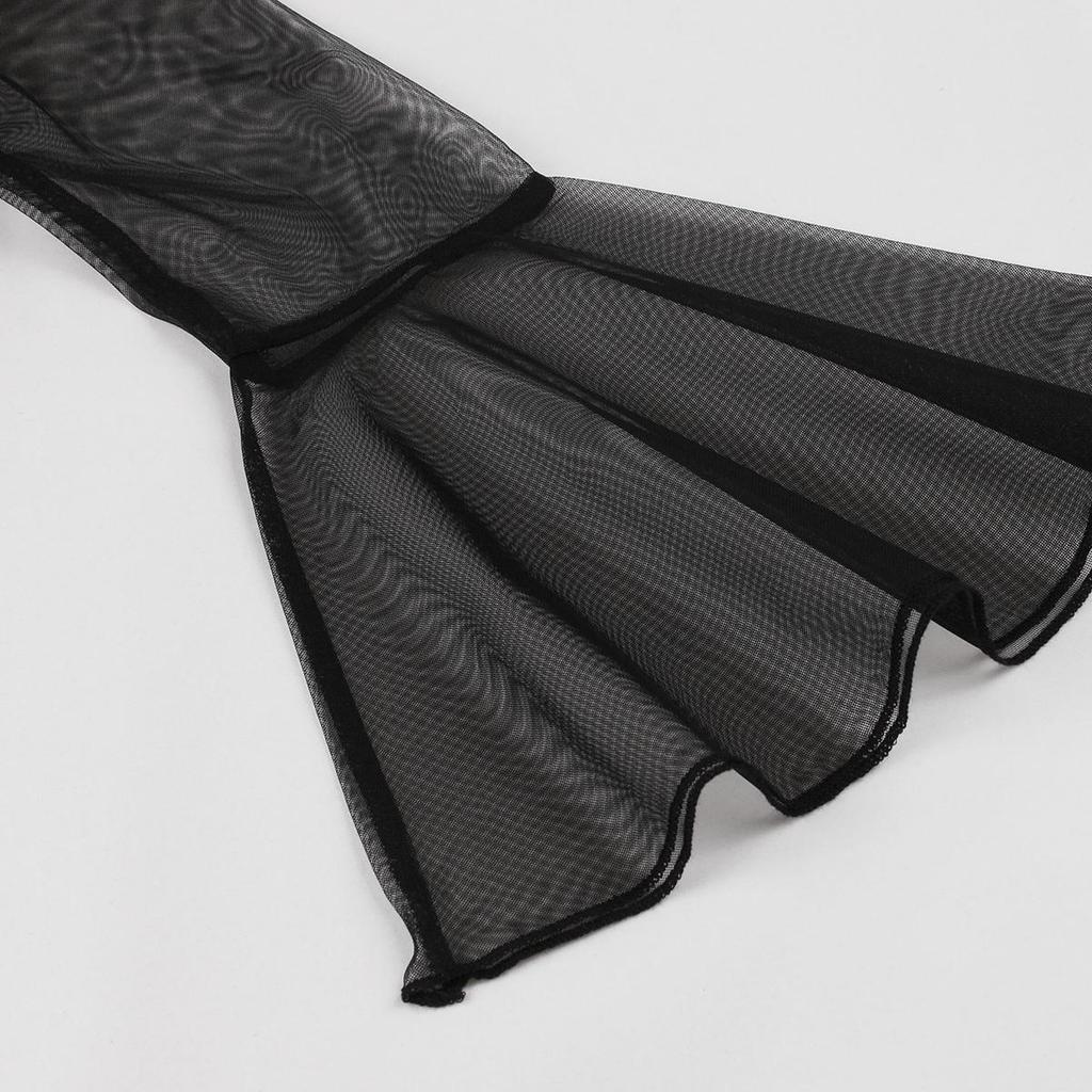 Women’s Swing Dress Mesh Shoulder Long Flare Sleeve Vintage Midi Dresses Holiday Party Casual Wear Black Burgundy