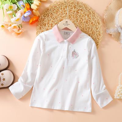 Girls Cotton Long Sleeve Polo Shirt White with Pink Collar And Cute Cartoon Patch Kids' Fashion Top for Ages 2-6