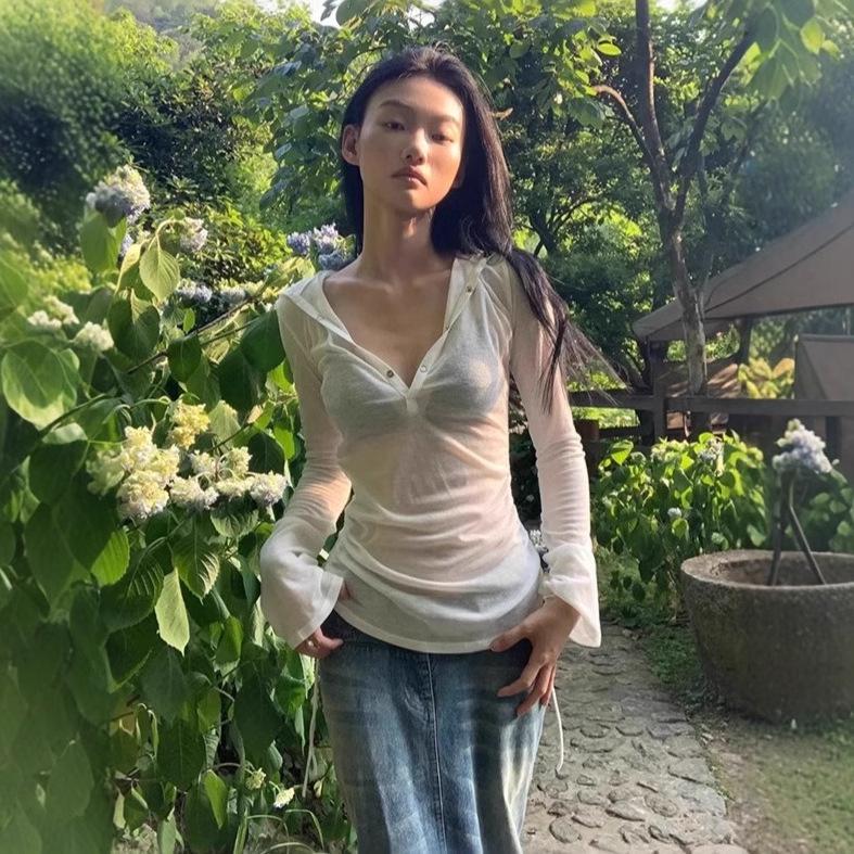 

Шикарная футболка с V-образным вырезом и длинным рукавом, солнцезащитная, женская летняя майка-кардиган с присборенным капюшоном на шнурке M Premium белый