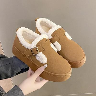 Botas de Moda para Mujer de Caña Baja Hebilla Forro de Felpa Suela Gruesa Zapatos Tipo Gorro Tacón Medio Slip-on Punta Redonda Exteriores Antideslizantes Zapatos de Moda
