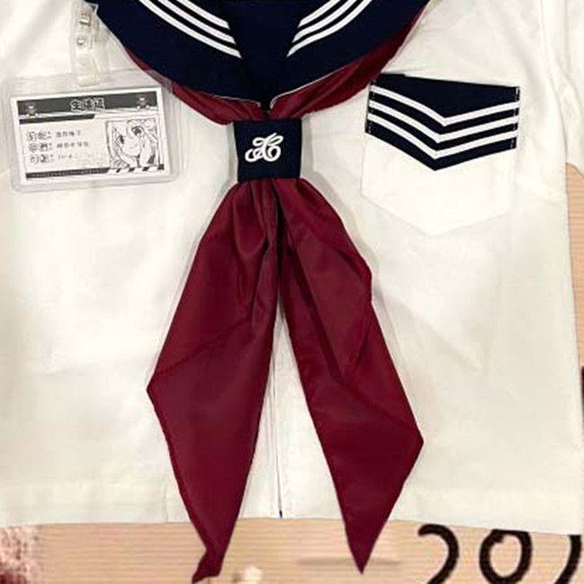 Red Triangular Sailor Uniform Scarf with Embroidery and Large Bow Tie - Japanese Academy Style
