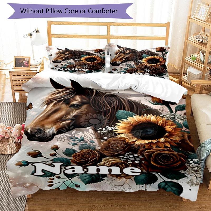 3pcs Custom Name Horse Bedding Set Duvet Cover Closure Includes 1 Duvet Cover & 2 Pillowcases, Soft and Comfortable for All Seasons.