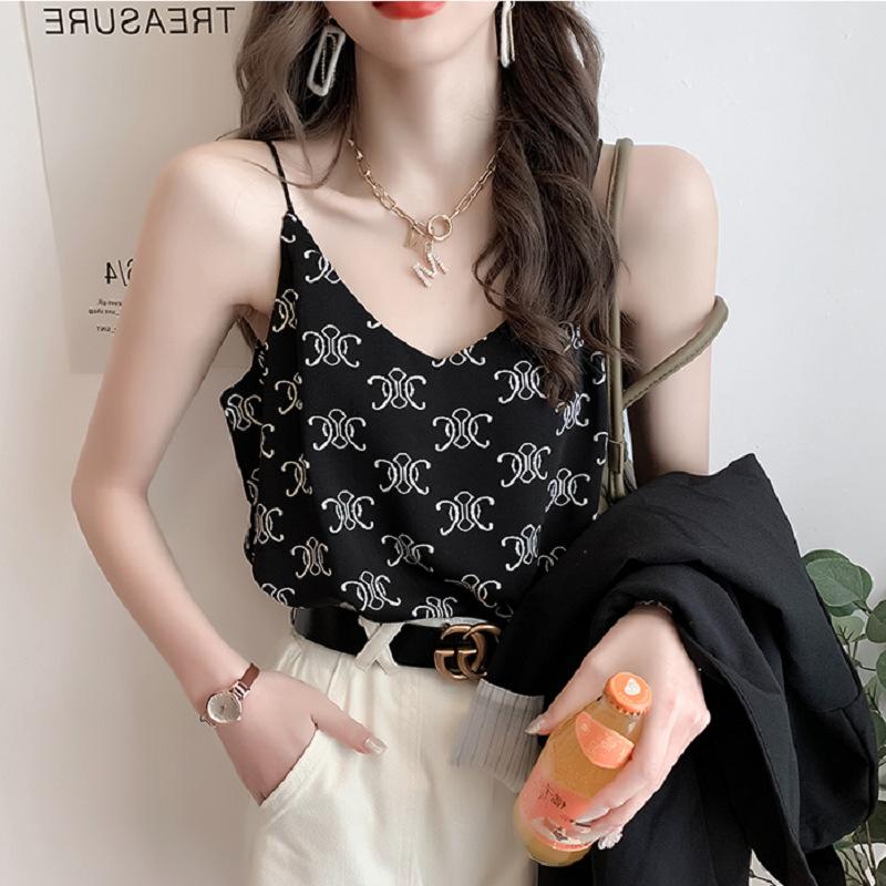 Thousand Bird Grid V-neck Chiffon Halter Vest Female Summer Net Red Suit with Sleeveless Outside To Wear A Loose Shirt