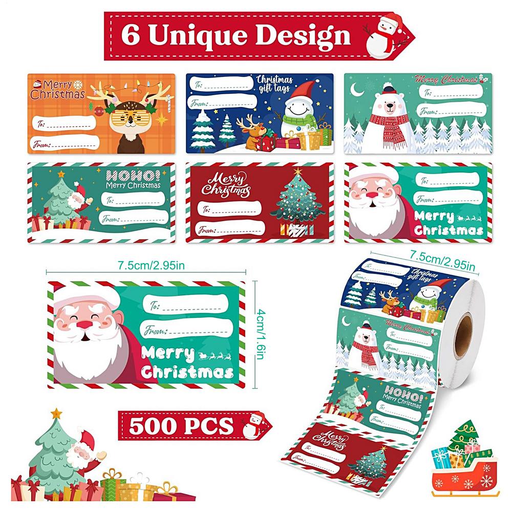 

500PCS/roll Christmas Gift Tags & Wrapping Paper Self-Adhesive Cartoon Removable Holiday Wrapping Name Tag Stickers other