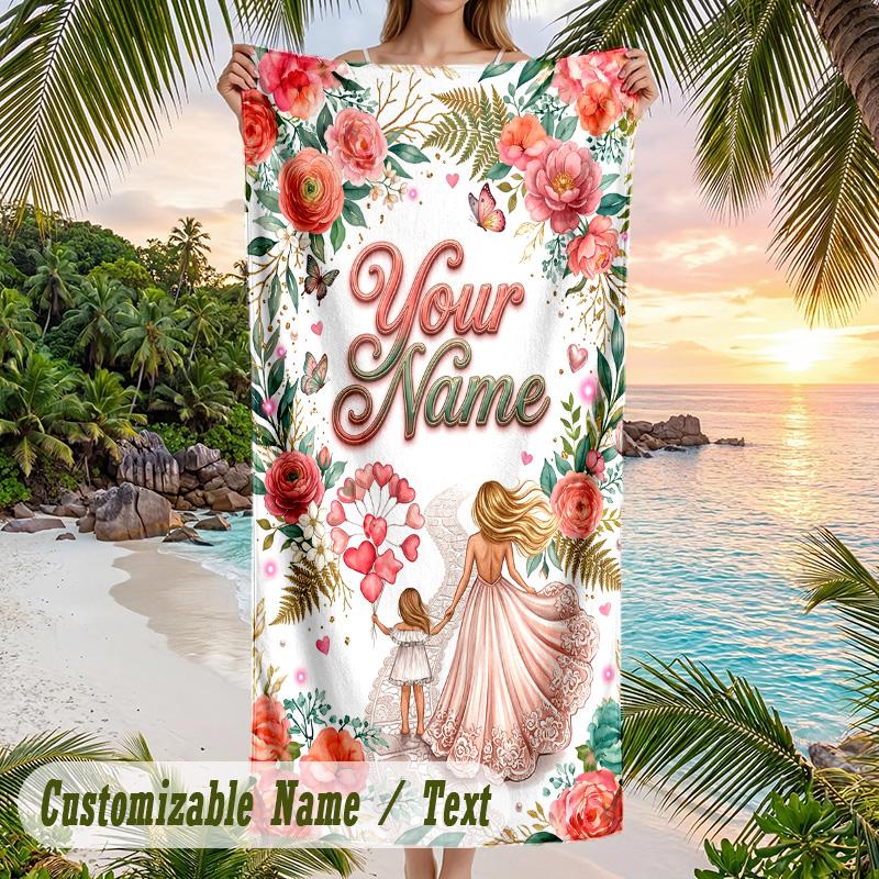 Floral Theme Beach Towel Personalized Custom Name & Text Soft Quick Dry Beach Towel for Swimming Travel