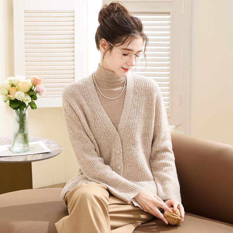 TUHUANG Women's 2025 A/W Pure Wool Thickened Ribbed V-Neck Cardigan Sweater