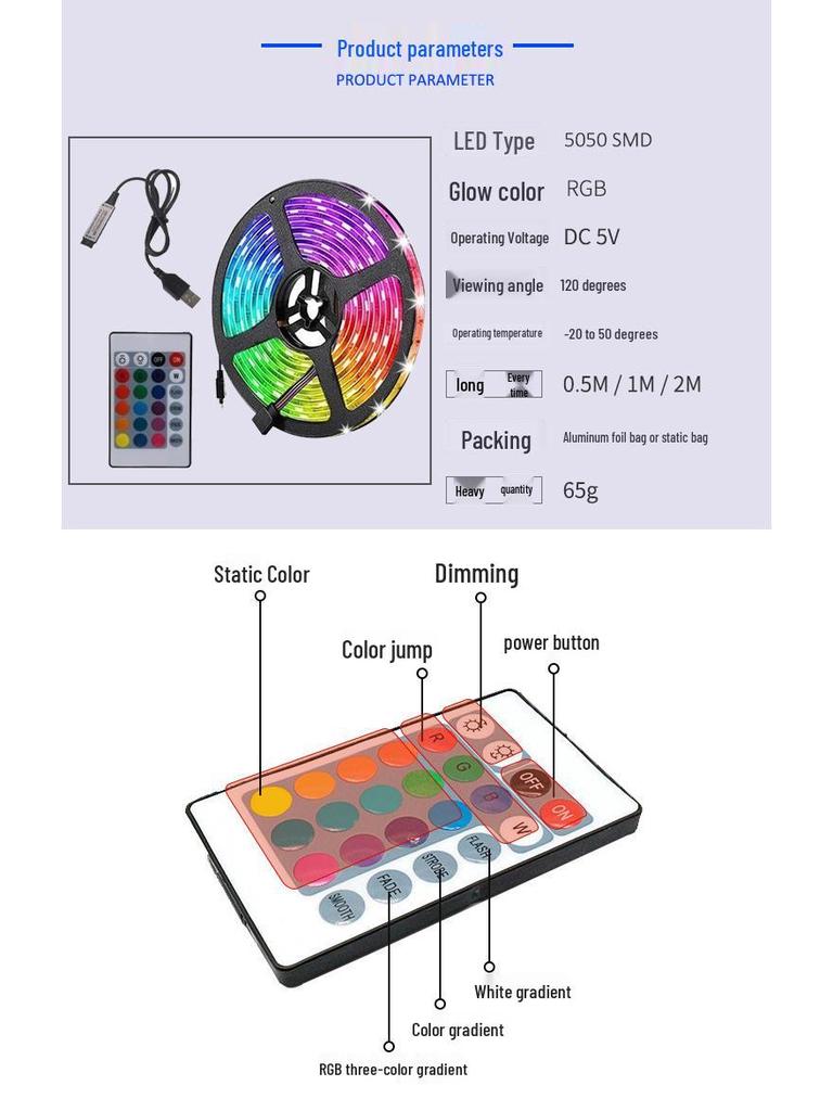 USB 5V RGB LED Strip Light with 24-Key Remote, Stepless Dimming for TV and Indoor Use