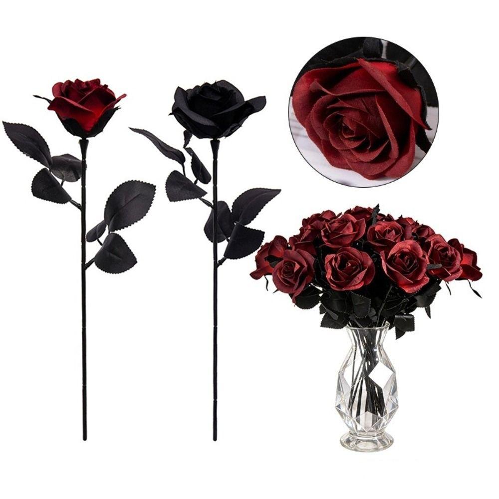 New Black and White Roses Artificial Black Roses Fake Flowers DIY Long Stem with Leaves Cemetery Roses Home Decor Black Bouquet