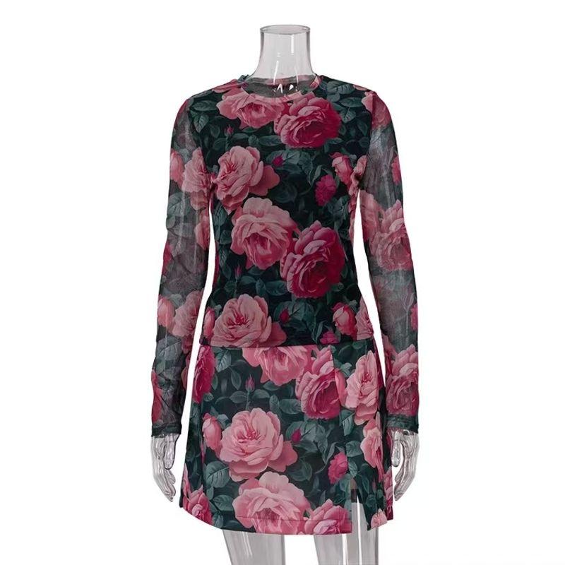 

Fashion New Arrival Fashion Print Top Sheath Skirt Suit Printed Top and Skirt Set Black L