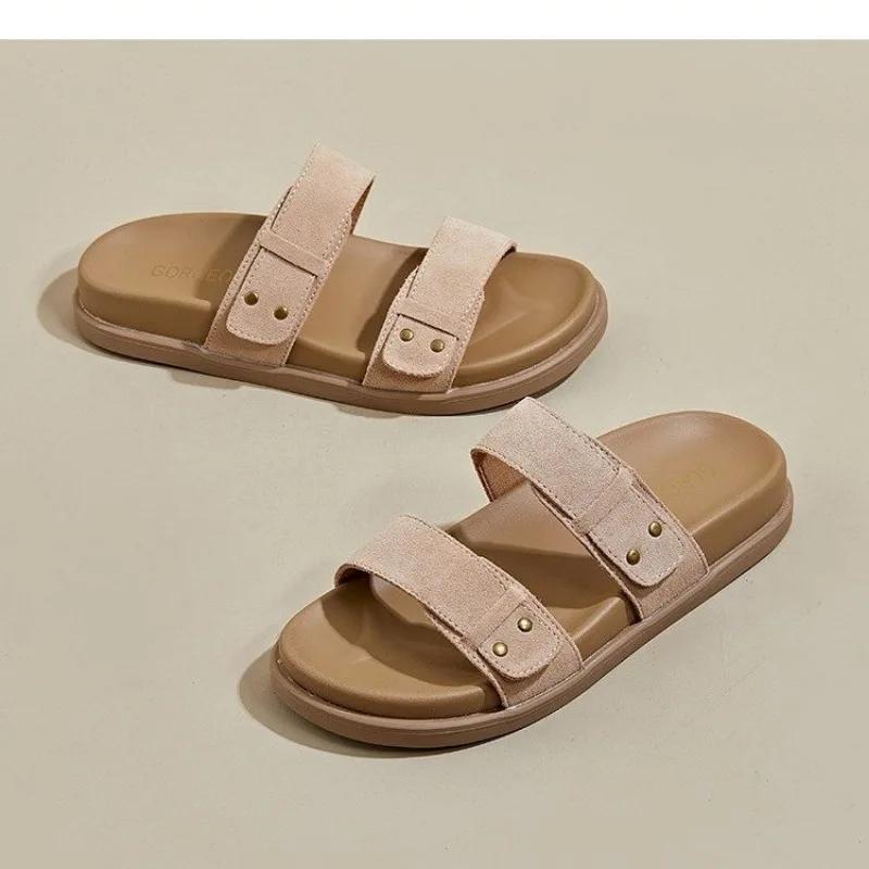 

мода 2024 Обувь высокого качества Женские женские шлепанцы Летние однотонные с заклепками С открытым носком На низком каблуке Ретро Зрелые Римские Повседневные шлепанцы Женские 40 хаки