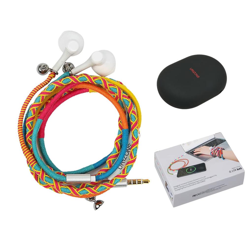 URIZONS Earphone Bracelet, Colorful Braided Earphones - 3.5mm Wired Headphones with Mic, Remote In-Ear Sports Headset for iPhone, Handmade Fabric,
