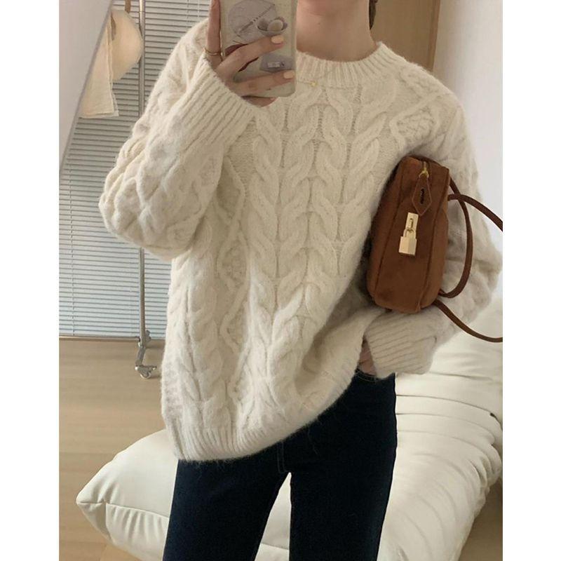 Autumn and winter twist pullover crew neck sweater women's soft waxy lazy wind loose thickened knitted top