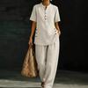 Women's 2 Piece Linen Sets, Short Sleeve Button Up Top And Wide Leg Pants Matching Outfits, Summer Casual Lounge Sets with Pockets
