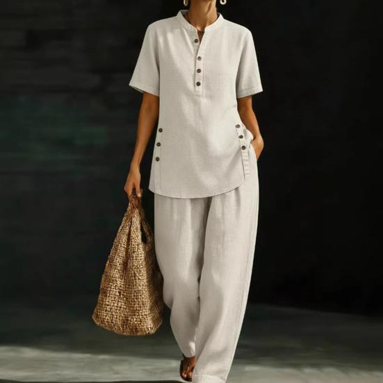 Women's 2 Piece Linen Sets, Short Sleeve Button Up Top And Wide Leg Pants Matching Outfits, Summer Casual Lounge Sets with Pockets
