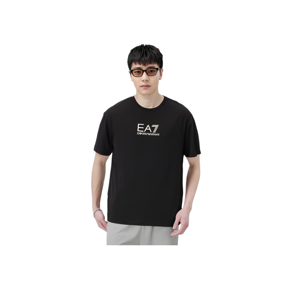 Emporio Armani EA7 Gold Logo Printed Plain Knit Crew Neck Short Sleeve T-Shirt Men Tops Black 7M000301-AF13739-UC001