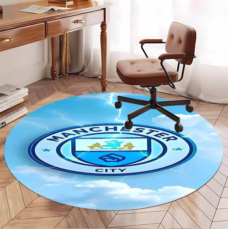 Manchester City FC Pattern Round Rug, Indoor/Outdoor Mat, for Picnic, Gameroom, Bedroom, Office, Living Room, Home Decor Carpet, Birthday Gift