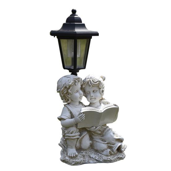 Garden Statue with LED Solar Lamp Weather Resistant Automatic Charging Outdoor Patio Sculpture Decor LED Light