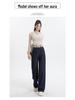 Women's Dark Blue Tencel Wide-Leg Jeans with Stitched Letter Waist