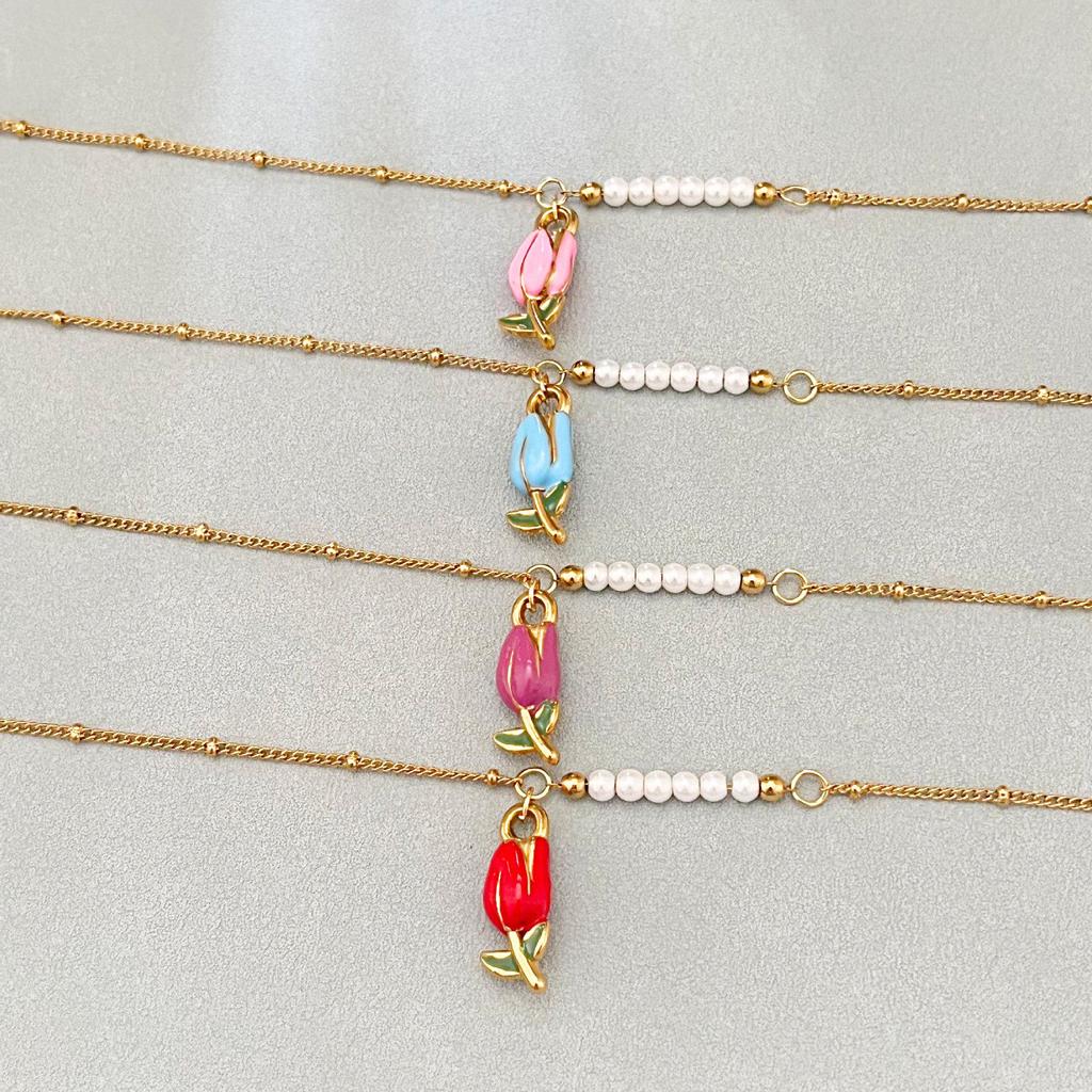 Rose Edelstahl Perlenkette mit floralem Tulpenanhänger für Damen