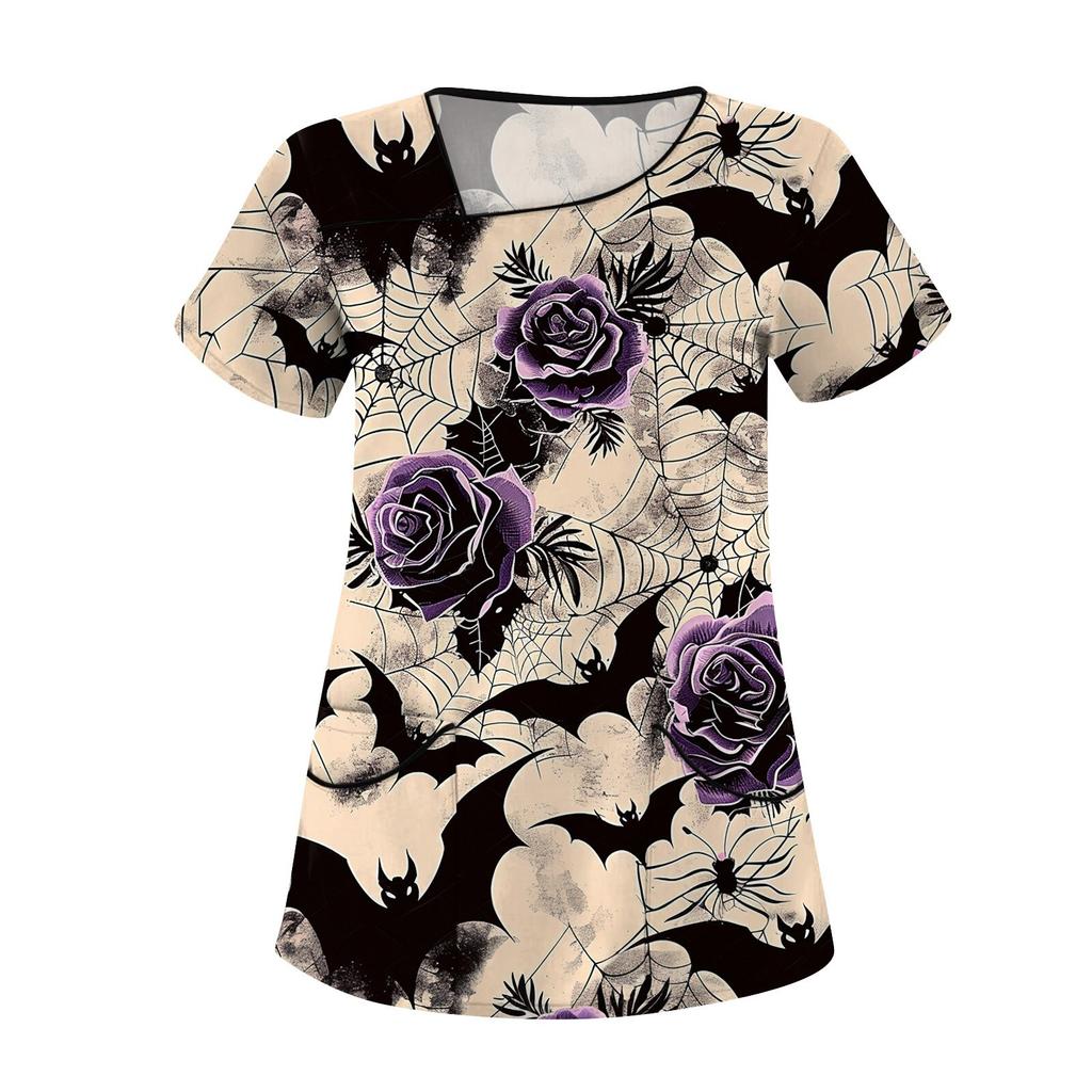 Dámské potištěné pracovní oblečení, šikmý límec a dvojité kapsy, základní top pulovr