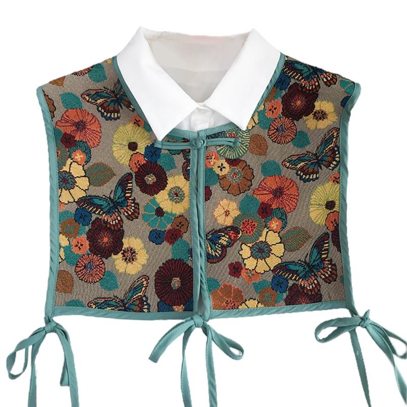 Women Chinese Embroidery Half Top Shawl Vintage Flroal Cheongsam Fake Collar Lace-Up Decorative Neck Cover Dickey Short